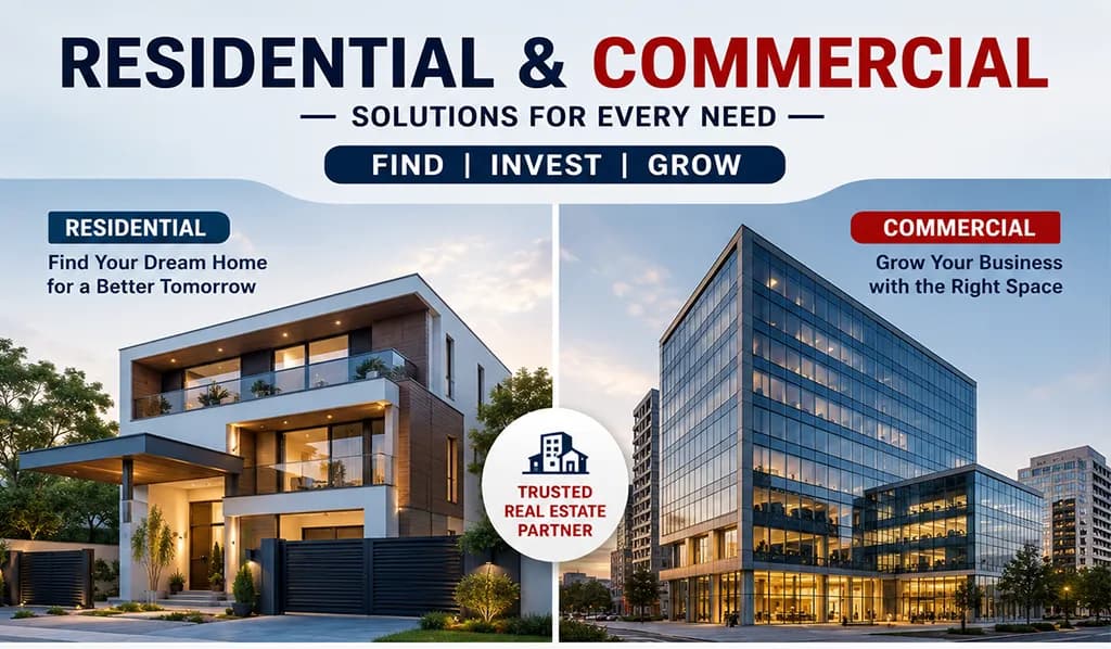 Residential and commercial property: a modern house beside a glass office building