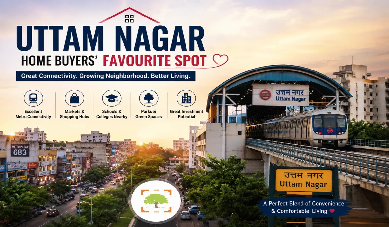 Uttam Nagar metro station with a Blue Line train, above a busy market street in West Delhi
